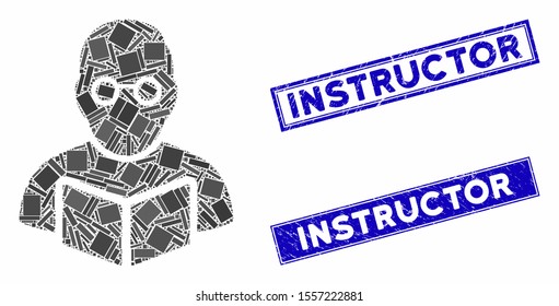 Mosaic teacher pictogram and rectangle seal stamps. Flat vector teacher mosaic pictogram of scattered rotated rectangle elements. Blue caption stamps with grunge surface.