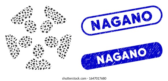 Equipo mosaico y sellos corroídos con la frase Nagano. El equipo de vector mosaico está diseñado con elementos elipses aleatorios. Los sellos Nagano utilizan color azul y tienen forma rectangular redonda.