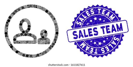 Mosaic team icon and corroded stamp seal with Sales Team phrase. Mosaic vector is designed from team icon and with scattered round elements. Sales Team stamp seal uses blue color, and grunged surface.