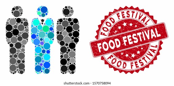 Mosaic team manager and corroded stamp seal with Food Festival phrase. Mosaic vector is formed with team manager icon and with randomized circle spots. Food Festival stamp seal uses red color,