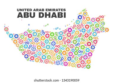 Mosaic technical Abu Dhabi Emirate map isolated on a white background. Vector geographic abstraction in different colors.
