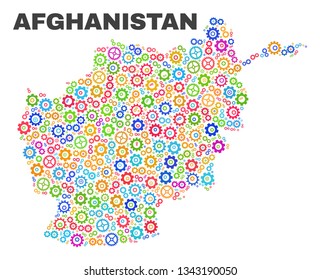 Mosaic technical Afghanistan map isolated on a white background. Vector geographic abstraction in different colors. Mosaic of Afghanistan map designed from scattered multi-colored cog items.