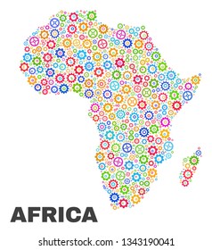 Mosaic technical Africa map isolated on a white background. Vector geographic abstraction in different colors. Mosaic of Africa map combined of random multi-colored gear items.