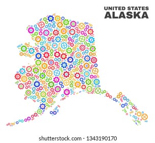Mosaic technical Alaska map isolated on a white background. Vector geographic abstraction in different colors. Mosaic of Alaska map combined of scattered multi-colored gearwheel elements.