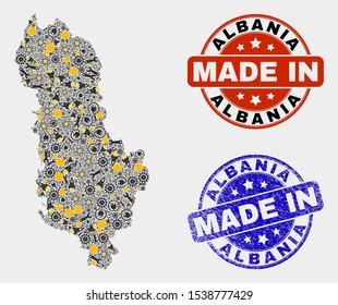 Mosaic technical Albania map and blue Made In grunge seal. Vector geographic abstraction model for service, or patriotic illustrations. Mosaic of Albania map combined of random gears, spanners, lamps,