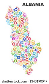 Mosaic technical Albania map isolated on a white background. Vector geographic abstraction in different colors. Mosaic of Albania map combined of scattered multi-colored cog elements.