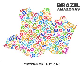 Mosaic technical Amazonas State map isolated on a white background. Vector geographic abstraction in different colors. Mosaic of Amazonas State map combined of random multi-colored cog elements.