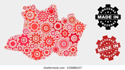 Mosaic technical Amazonas State map and scratched seal. Vector geographic abstraction in red colors. Mosaic of Amazonas State map combined of random cog items. Red colored model for technical,