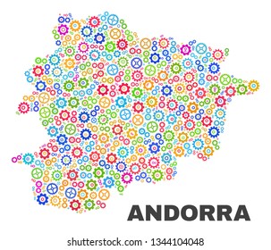 Mosaic technical Andorra map isolated on a white background. Vector geographic abstraction in different colors. Mosaic of Andorra map combined of random multi-colored gearwheel elements.