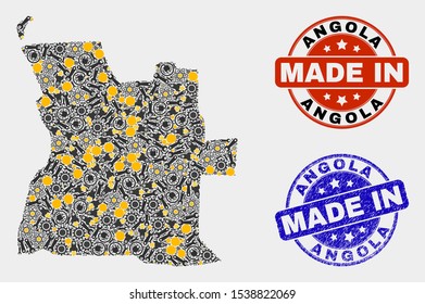 Mosaic technical Angola map and blue Made In scratched stamp. Vector geographic abstraction model for workshop, or patriotic posters. Mosaic of Angola map combined of scattered gears, wrenches,