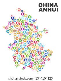 Mosaic technical Anhui Province map isolated on a white background. Vector geographic abstraction in different colors. Mosaic of Anhui Province map designed from random multi-colored cogwheel items.