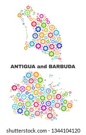 Mosaic technical Antigua and Barbuda map isolated on a white background. Vector geographic abstraction in different colors.