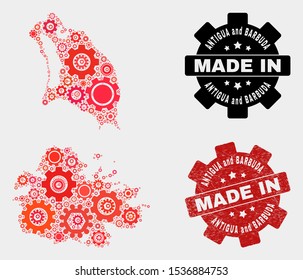 Mosaic technical Antigua and Barbuda map and textured stamp. Vector geographic abstraction in red colors. Mosaic of Antigua and Barbuda map combined of scattered gear elements.