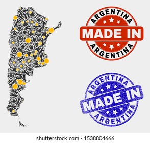 Mosaic technical Argentina map and blue Made In grunge seal. Vector geographic abstraction model for service, or patriotic templates. Mosaic of Argentina map combined of scattered gearwheels,