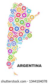 Mosaic technical Argentina map isolated on a white background. Vector geographic abstraction in different colors. Mosaic of Argentina map combined of random bright cogwheel items.