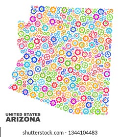 Mosaic technical Arizona State map isolated on a white background. Vector geographic abstraction in different colors. Mosaic of Arizona State map combined of scattered multi-colored cogwheel elements.