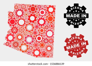 Mosaic technical Arizona State map and grunge stamp. Vector geographic abstraction in red colors. Mosaic of Arizona State map designed from scattered cogwheel elements.