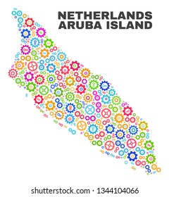 Mosaic technical Aruba Island map isolated on a white background. Vector geographic abstraction in different colors. Mosaic of Aruba Island map combined of random multi-colored wheel items.