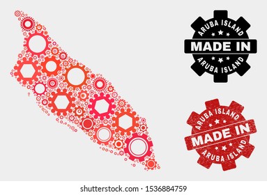 Mosaic technical Aruba Island map and grunge stamp. Vector geographic abstraction in red colors. Mosaic of Aruba Island map combined of scattered gearwheel items. Red colored model for technical,