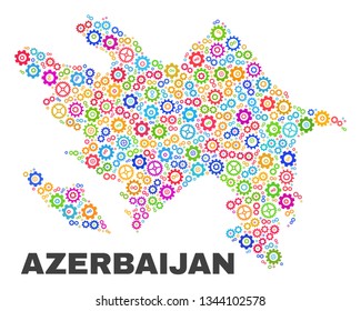 Mosaic technical Azerbaijan map isolated on a white background. Vector geographic abstraction in different colors. Mosaic of Azerbaijan map combined of scattered multi-colored gear elements.