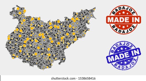Mosaic technical Badajoz Province map and blue Made In scratched stamp. Vector geographic abstraction model for workshop, or political purposes.