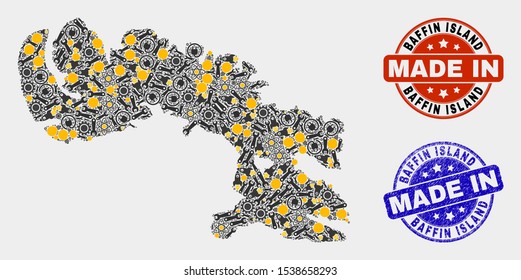 Mosaic technical Baffin Island map and blue Made In textured seal. Vector geographic abstraction model for technical, or political illustrations.