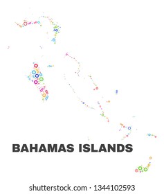 Mosaic technical Bahamas Islands map isolated on a white background. Vector geographic abstraction in different colors. Mosaic of Bahamas Islands map combined of random multi-colored cog items.