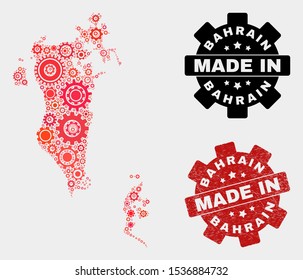 Mosaic technical Bahrain map and grunge stamp. Vector geographic abstraction in red colors. Mosaic of Bahrain map composed from random gearwheel elements. Red colored model for technical,