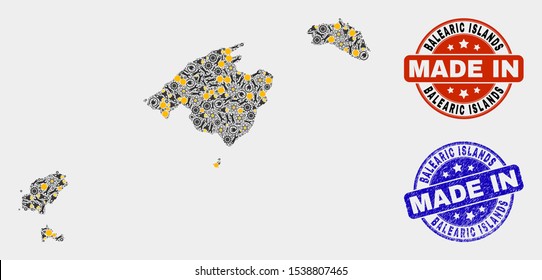 Mosaic technical Balearic Islands map and blue Made In textured stamp. Vector geographic abstraction model for technical, or patriotic posters.