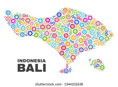 Mosaic technical Bali map isolated on a white background. Vector geographic abstraction in different colors. Mosaic of Bali map combined of scattered multi-colored gearwheel elements.