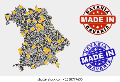 Mosaic technical Bavaria Land map and blue Made In scratched seal. Vector geographic abstraction model for service, or political illustrations.