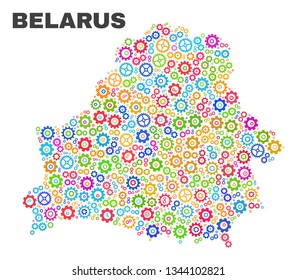 Mosaic technical Belarus map isolated on a white background. Vector geographic abstraction in different colors. Mosaic of Belarus map combined of scattered multi-colored gear elements.