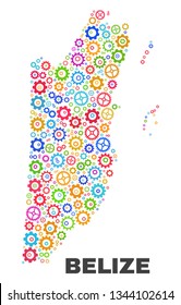 Mosaic technical Belize map isolated on a white background. Vector geographic abstraction in different colors. Mosaic of Belize map composed from scattered multi-colored wheel elements.