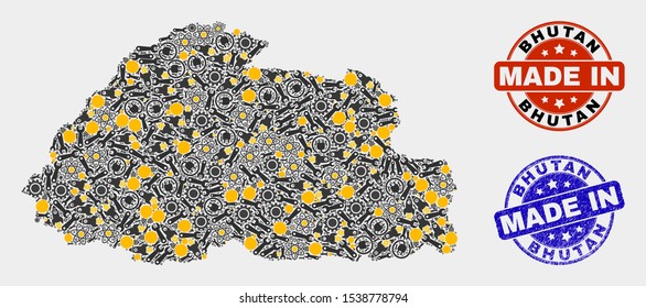 Mosaic technical Bhutan map and blue Made In grunge stamp. Vector geographic abstraction model for industrial, or political templates. Mosaic of Bhutan map combined of random gearwheels, wrenches,