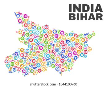 Mosaic technical Bihar State map isolated on a white background. Vector geographic abstraction in different colors. Mosaic of Bihar State map combined of random multi-colored gear items.