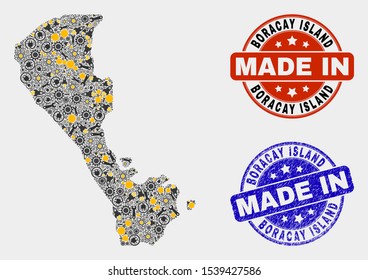 Mosaic technical Boracay Island map and blue Made In scratched stamp. Vector geographic abstraction model for workshop, or political purposes.