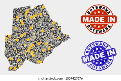 Mosaic technical Botswana map and blue Made In textured seal. Vector geographic abstraction model for technical, or political purposes. Mosaic of Botswana map combined of scattered cogs, spanners,