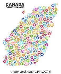 Mosaic technical Bowen Island map isolated on a white background. Vector geographic abstraction in different colors. Mosaic of Bowen Island map combined of scattered colorful cogwheel elements.