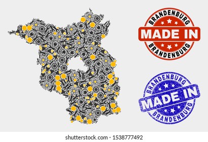 Mosaic technical Brandenburg Land map and blue Made In textured stamp. Vector geographic abstraction model for technical, or patriotic purposes.