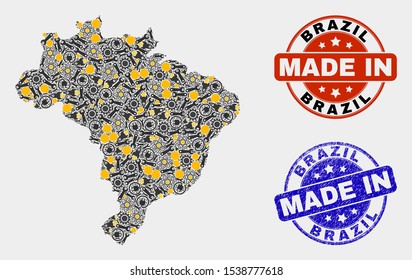Mosaic technical Brazil map and blue Made In scratched seal. Vector geographic abstraction model for technical, or patriotic templates. Mosaic of Brazil map combined of scattered cogwheel, wrenches,