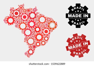 Mosaic technical Brazil map and grunge stamp. Vector geographic abstraction in red colors. Mosaic of Brazil map combined of scattered gearwheel elements. Red colored model for technical,