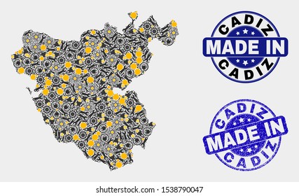 Mosaic technical Cadiz Province map and blue Made In scratched seal. Vector geographic abstraction model for technical, or patriotic templates.