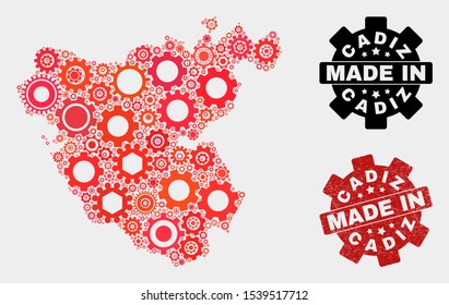 Mosaic technical Cadiz Province map and scratched seal. Vector geographic abstraction in red colors. Mosaic of Cadiz Province map combined of random wheel elements. Red colored model for technical,