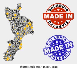 Mosaic technical Calabria region map and blue Made In scratched stamp. Vector geographic abstraction model for service, or patriotic posters. Mosaic of Calabria region map combined of random gears,