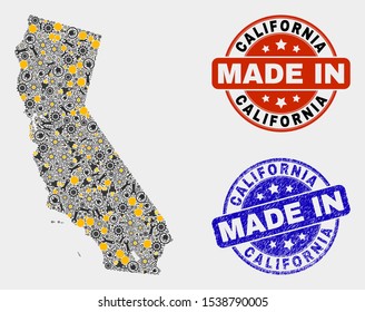 Mosaic technical California State map and blue Made In grunge stamp. Vector geographic abstraction model for service, or political illustrations.