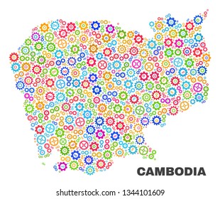 Mosaic technical Cambodia map isolated on a white background. Vector geographic abstraction in different colors. Mosaic of Cambodia map combined of random multi-colored wheel elements.