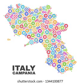 Mosaic technical Campania region map isolated on a white background. Vector geographic abstraction in different colors. Mosaic of Campania region map combined of scattered colorful gear elements.
