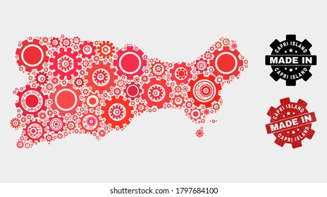 Mosaic technical Capri Island map and textured stamp. Vector geographic abstraction in red colors. Mosaic of Capri Island map combined of random wheel elements. Red colored model for technical,