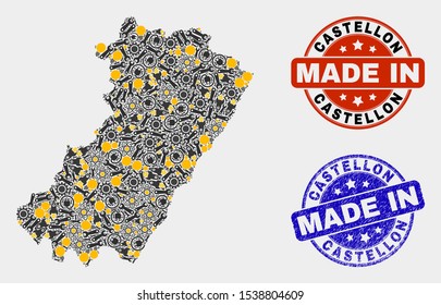 Mosaic technical Castellon Province map and blue Made In scratched stamp. Vector geographic abstraction model for technical, or political posters.