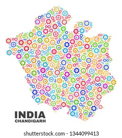 Mosaic technical Chandigarh City map isolated on a white background. Vector geographic abstraction in different colors. Mosaic of Chandigarh City map designed from random multi-colored wheel elements.